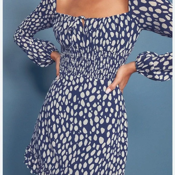 Reformation Blue and White Wrap Sundress with Bishop Sleeves